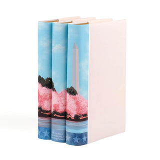 Set of three books with a Washington Monument and cherry blossoms design on the spines, and a neutral cover.