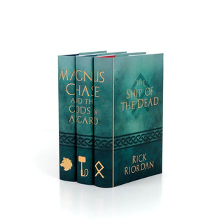 Angled view displaying spine and cover design of Magnus Chase and the Gods of Asgard by Rick Riordan wrapped in Juniper Books collectible book covers.