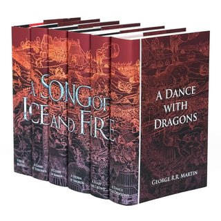 Angle shot of A Song of Ice and Fire book set. Book title and author name in bold white serif font set against medieval battle scene and gradient continues onto the front cover. 
