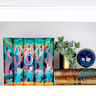 A set of 'The Wizard of Oz' hardcover books displayed on a white bookshelf. The spines feature silhouettes of iconic characters: Toto, the Cowardly Lion, the Tin Man, Dorothy, and the Scarecrow, walking along a yellow brick road through a vibrant, stylized forest. The title 'The Wizard of Oz' appears in large, bold letters across the spines, blending with the forest background in shades of teal, orange, and purple. The set sits on the shelf next to antique books, succulents, and a small blue clock.