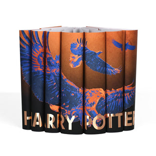 Burnt orange Ravenclaw Harry Potter dust jackets with a blue eagle across the spines and title in bronze foil from Juniper Books