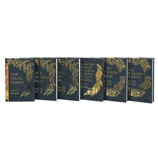 Covers for each book in The Limited Edition Folk of the Air Book Set lined up. Covers feature book title and author name and illustrations of apple and oak branches in gold foil.