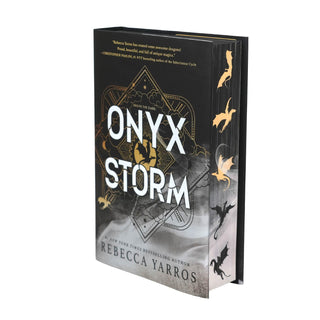 Book titled 'Onyx Storm' by Rebecca Yarros with black and gold design on a white background