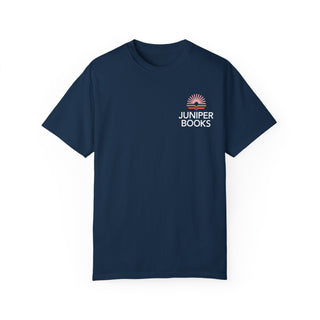 Juniper Books T Shirt in True Navy. Juniper Books logo and company name on left chest in white.