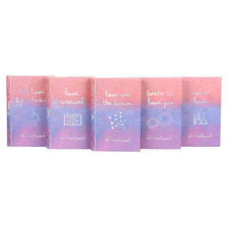 A set of five Ali Hazelwood novels spread out with covers visible featuring custom designed book jackets on a white background. Each cover includes the book's title along with various STEM-themed iconography on a background gradient of pink, blue, and purple. The design features a limited edition, shimmering foiling effect.