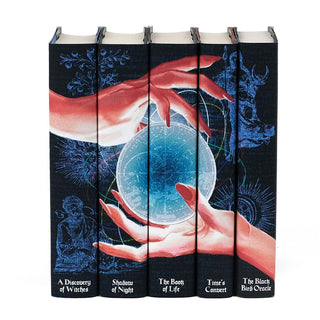 Deborah Harkness All Souls Series spines feature Elements like the Tree of Life, the Sun and Moon, the goddess Diana, and an alchemist frame an original illustration of a witch’s hands.
