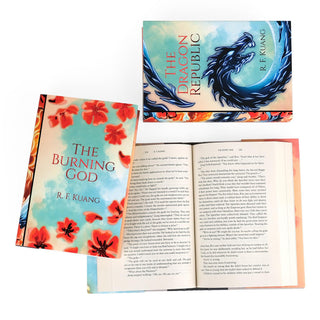 An arrangement of three books by R.F. Kuang from The Poppy War series. The Burning God and The Dragon Republic are shown with colorful covers featuring bold designs—one with red poppies and the other with a dragon illustration. An open book displays text from The Poppy War, showcasing its interior layout and font size.