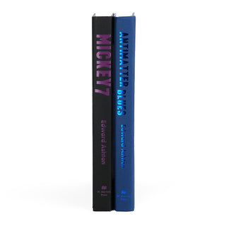 Unjacketed Mickey7 and Antimatter Blues by Edward Ashton showing original spines beneath Juniper Books book covers.