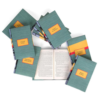 A spread of Ernest Hemingway hardcover books arranged in a circular layout with one book open to reveal text inside. Each book cover features a textured green design with a yellow title label framed in red, displaying titles such as 'A Farewell to Arms,' 'Death in the Afternoon,' 'Across the River and Into the Trees,' and 'The Old Man and the Sea.' The spines, partially visible, form a cohesive design with abstract color blocks and an elephant illustration.