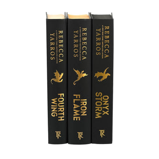 Three black books by Rebecca Yarros ('Iron Flame', 'Fourth Wing', 'Onyx & Storm')with gold text and a dragon emblem on a white background.