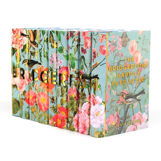 Angled view displaying spine and cover design of Limited Edition Bridgerton Book Set by Julia Quinn wrapped in Juniper Books collectible book covers.