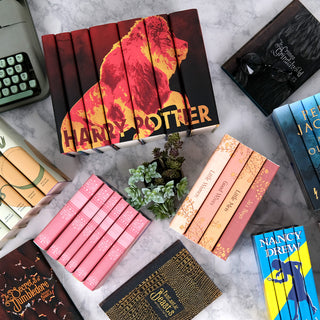 Harry Potter Book Set sitting on white marble background surrounded Little Women, Nancy Drew and other young adult sets from Juniper Books.