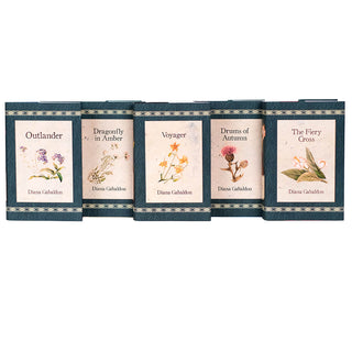 A new take on the popular series you have fallen in love with! Enliven your bookcase with our 9-book Outlander collection.   Each book features a stunning green dust jacket with apothecary bottles- a nod to Claire's nursing background and her cabinet at Castle Leoch, filled with Scottish flowers and embellished with traditional Scottish knots. 
