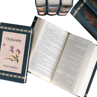 A new take on the popular series you have fallen in love with! Enliven your bookcase with our 9-book Outlander collection.   Each book features a stunning green dust jacket with apothecary bottles- a nod to Claire's nursing background and her cabinet at Castle Leoch, filled with Scottish flowers and embellished with traditional Scottish knots. 