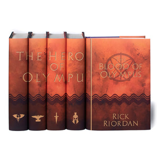 We've created custom jackets in a complementary color to our Percy Jackson book set, featuring symbols that represent each book. These stunning designs are sure to captivate young readers and keep them engaged throughout the entire series.