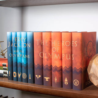We've created custom jackets in a complementary color to our Percy Jackson book set, featuring symbols that represent each book. These stunning designs are sure to captivate young readers and keep them engaged throughout the entire series.