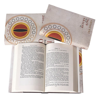 This 3-volume collectible set is wrapped in jackets featuring an original Juniper Books illustration inspired by the Eye of Sauron, set inside the One Ring, and surrounded by the other Rings of Power. 