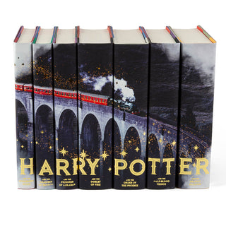 For this set, our designers reimagined the iconic image of the scarlet steam engine speeding through the Scottish countryside with gold metallic detailing (a Juniper Books first!) across the spines.