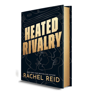 The book cover of 'Heated Rivalry' by Rachel Reid, featuring a black cover and gold-sprayed edges. 