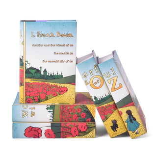 Our complete Wizard of Oz book set comes with book jackets (and books) featuring a beautiful design that pays tribute to early illustrated editions of these classics. A perfect gift for literary lovers or middle readers. Juniper Books' specialty custom book set.