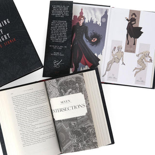 Open book display prints size. Inner dust jacket flap features a message from the author and her digital signature. Collector editions of books feature character art on the end pages of each book.