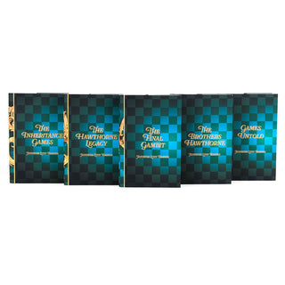 Front view of the covers of in The Inheritance Series by Jennifer Lynn Barnes, from Juniper Books. The covers feature the book titles in yellow font and the author's name below in the same color. Each book has a similar style with a background pattern of a green and black checker board.