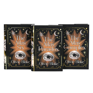 All Atlas series book covers lined up. Dust jacket front covers feature woodcut eye illustration surrounded by gold foil stars and ornamental detailing. Covers feature book title and author name. 