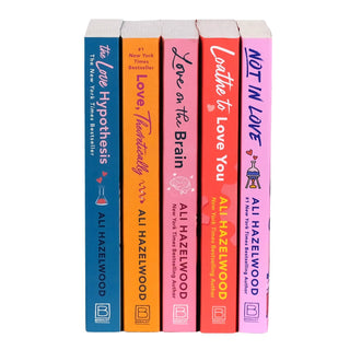 A set of five paperback Ali Hazelwood novels photographed from the front on a white background. The books are photographed without book jackets, and show the title of each book on the spine. From left to right, the titles read: "The Love Hypothesis," "Love, Theoretically," "Love on the Brain," "Loathe to Love You," and "Not in Love." 