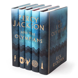 Blue watercolor style book covers featuring gold symbols on each spine and Percy Jackson and the Olympians typed across spine in gold serif font.