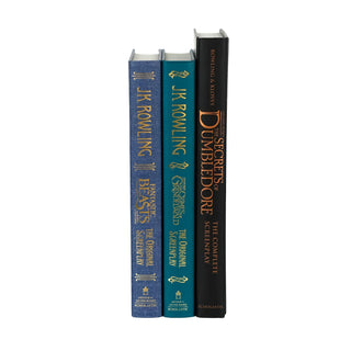 Unjacketed Fantastic Beasts and Where to Find Them Trilogy by JK Rowling showing original spines beneath Juniper Books book covers.