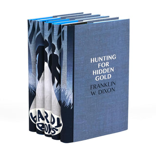 A set of Hardy Boys books with matching spines forming a single illustration of two silhouetted figures holding a flashlight in a dark forest. The beam of light reveals the text 'HARDY BOYS' at the bottom. The book on the far right, titled 'Hunting for Hidden Gold' by Franklin W. Dixon, has a solid blue cover with white and black text. The books are sitting at an angle, showing their cohesive spine design and individual thickness.