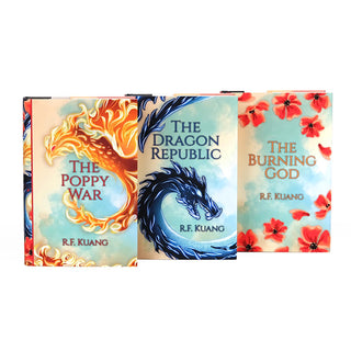 The three books in The Poppy War trilogy by R.F. Kuang, displayed side by side to highlight their covers. Each cover features a distinct design: The Poppy War showcases a fiery orange phoenix, The Dragon Republic depicts a fierce blue dragon, and The Burning God features vibrant red poppies against a serene blue and cream background. The cohesive designs create a striking and thematic representation of the trilogy.