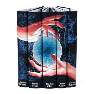 Deborah Harkness All Souls Series Jackets Only spines feature Elements like the Tree of Life, the Sun and Moon, the goddess Diana, and an alchemist frame an original illustration of a witch’s hands.