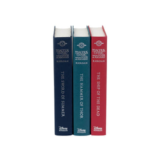 Unjacketed Magnus Chase Books by Rick Riordan showing original spines beneath Juniper Books book covers.