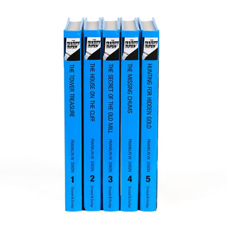 A set of five Hardy Boys books with bright blue spines, aligned vertically. The book titles are written in black text. Each book is numbered from 1 to 5, with the author's name, Franklin W. Dixon, and the publisher, Grosset & Dunlap, printed at the bottom.