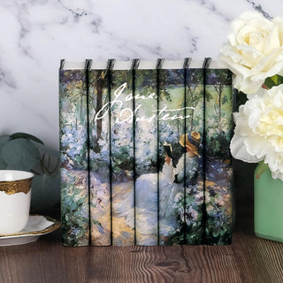 Special Edition book covers for Jane Austen Delicious Solitude Seven Book Set by Jane Austen styled on a bookshelf with covers by Juniper Books.