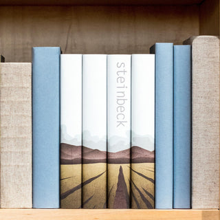 Special Edition book covers for John Steinbeck book set styled on a bookshelf with covers by Juniper Books.