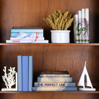 Surfing The Perfect Line Book Set sits on a wooden bookshelf between light blue books and a small white sail boat statue. A white coral book end sits against the blue books. Above The Surfing Set sits The Skiing Book Set and The Golf Set from Juniper Books.