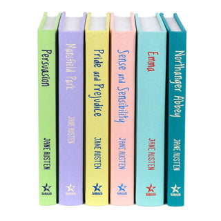 A collection of six Jane Austen novels displayed upright, showing their spines. The spines are pastel in shades of green, lavender, yellow, pink, light blue, and teal, each with the title and author in a contrasting color and the Sirius publishing logo at the bottom.