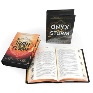 Three books titled 'Iron Flame', 'Onyx Storm', and an open Fourth Wing on a white background