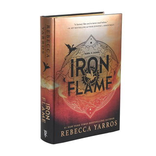 Book titled 'Iron Flame' by Rebecca Yarros with a fiery design on the cover.