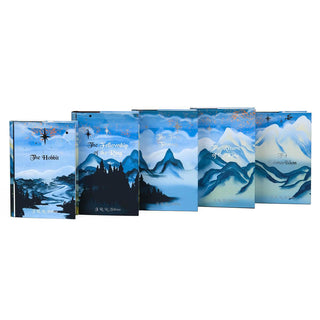 Front covers for the Tolkien Epic Journey book set create one continuous mountain scape image when placed spine to edge.