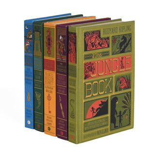 Children's fairytale books by MinaLima. Books spines are illustrated with book title and author on spines. Front cover of book adorned with illustrations and ornaments along with author name and book title.