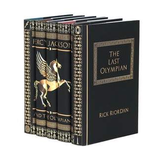 Angled view displaying spine and cover design of Percy Jackson Legendary Book Set by Rick Riordan wrapped in Juniper Books collectible book covers.