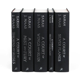 Unjacketed book spines for the A Court of Thorns and Roses Series by Sarah J Maas spanning 8.5 inches in width.