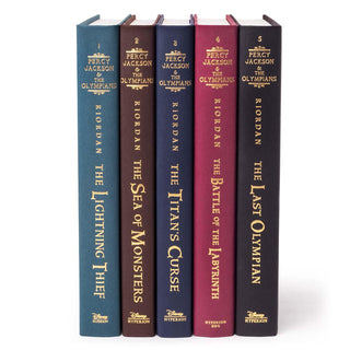 Unjacketed book spines in the Percy Jackson and the Olympians series.