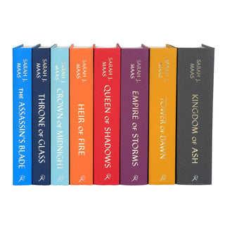 Unjacketed Rainbow Throne of Glass by Sarah J. Maas showing original spines beneath Juniper Books book covers.