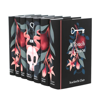 Angled view of the Hades x Persephone Saga book set by Scarlett St. Clair in black Juniper Books dust jackets.