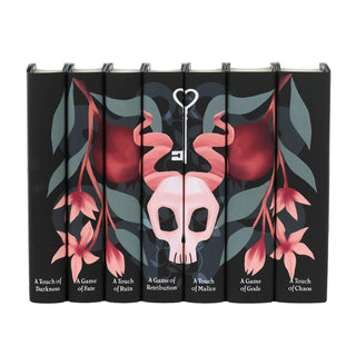 Hades x Persephone Saga book set by Scarlett St. Clair from Juniper Books, dust jacket spines forming a pink horned skull with pomegranates.