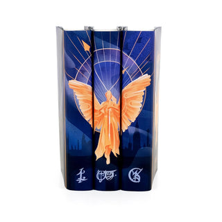 Juniper Books covers for The Infernal Devices by Cassandra Clare, laid flat to show the angel and clock-face artwork. Books not included.